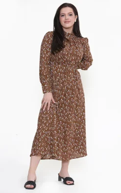 Best Pirce 😍 LOVE SUNSHINE Brown Printed Pleated 👗 Skirt Maxi 👗 Dress 😉